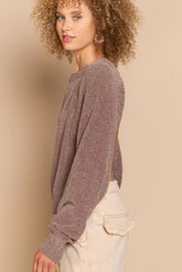 POL Round Neck Backless Sweater with Ribbed Edge OutfitFlow